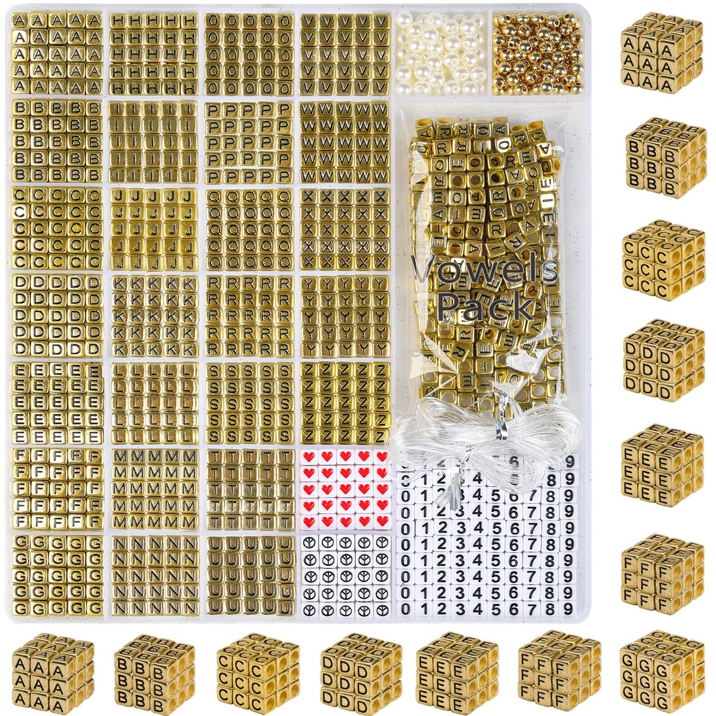 DoDoBeads Gold Letter Beads for Bracelets - 1270Pcs Square Acrylic A-Z with Extra Vowels, Numbers and Spacers - Ideal for Necklaces and Friendship Kits