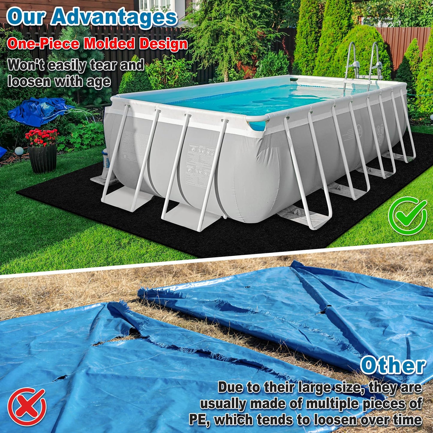 11x7.5Ft Rectangular Pool Liner Pad for Above Ground Swimming Pools,250g/㎡ Heavy Duty Pool Ground Mat Under Pool Pad, Durable Pools Bottom Liner Protector to Prevent Puncture and Extend Liner Life