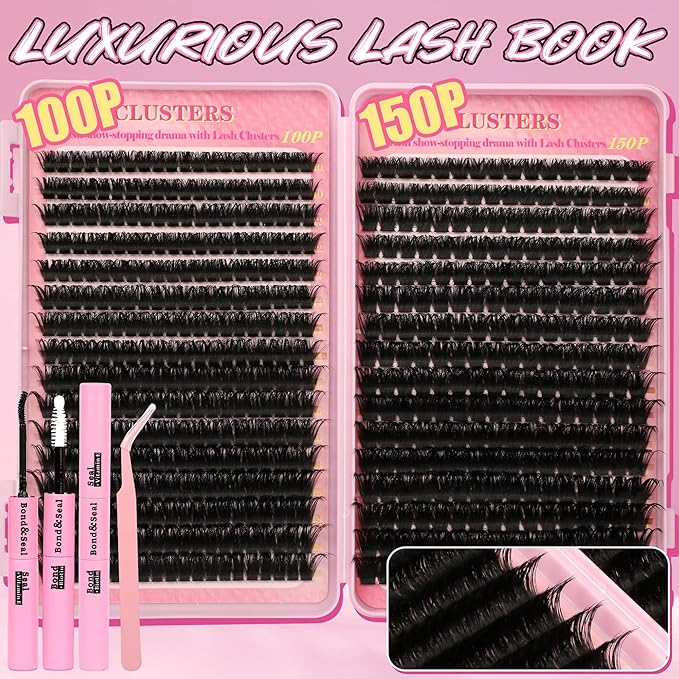 Lash Clusters Kit Cluster Eyelash Extensions 560Pcs Volume 100D 150D Lashes Clusters D Curl Eyelash Clusters DIY Individual Lash Clusters Eyelash Glue Lash Tweezers