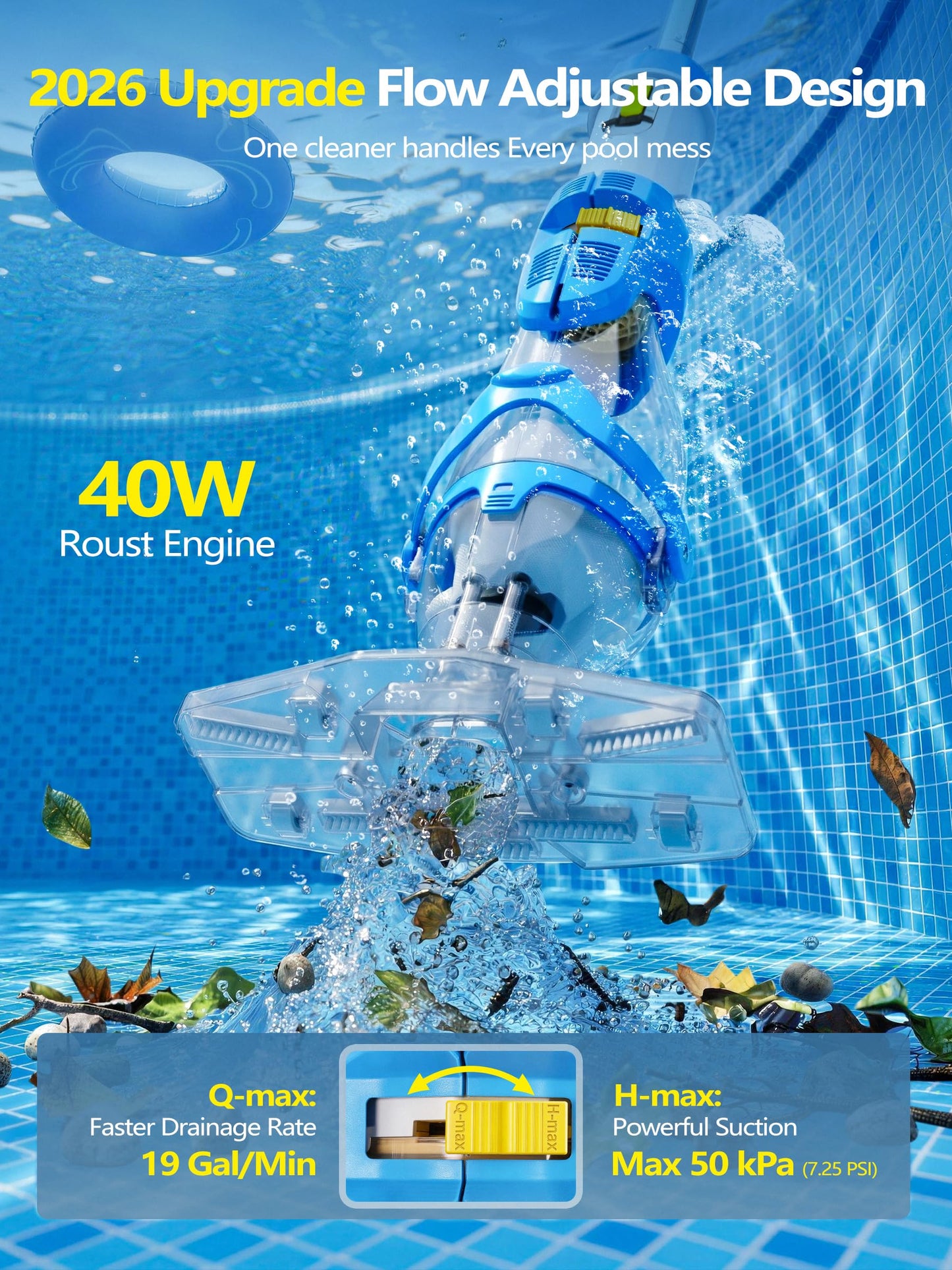 LanOcean 2026 Newly Cordless Pool Vacuum for Inground Pool, Flow Adjustable, Transparent Brush Head–Visible Cleaning, 19 GPM Powerful Suction Handheld Pool Vacuum for Above Ground Pool, 70Mins Runtime