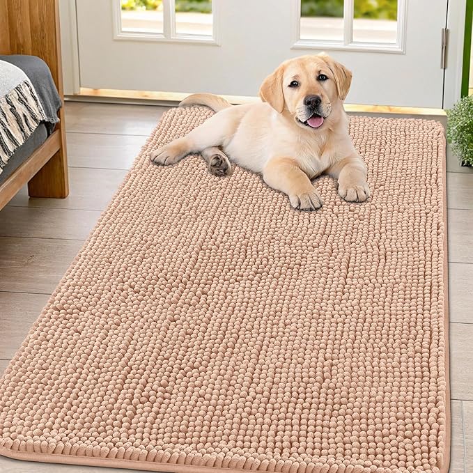 Smiry Dog Door Mat for Muddy Paws 47x32, Absorbs Moisture and Dirt Doormat, Non-Slip Washable Quick Dry Chenille Front Door Mat Indoor Entrance, Entryway Carpet for Inside Floor, Peach