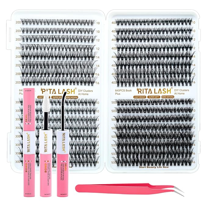 RITALASH Lash Extension Kit 20D+30D+40D+50D DIY Lash Clusters 640pcs Cluster Lashes Individual Lashes Eyelash Extension Kit with Lash Bond and Seal,Lash Tweezers(20D+30D+40D+50D Kit,10-16mm Mixed)
