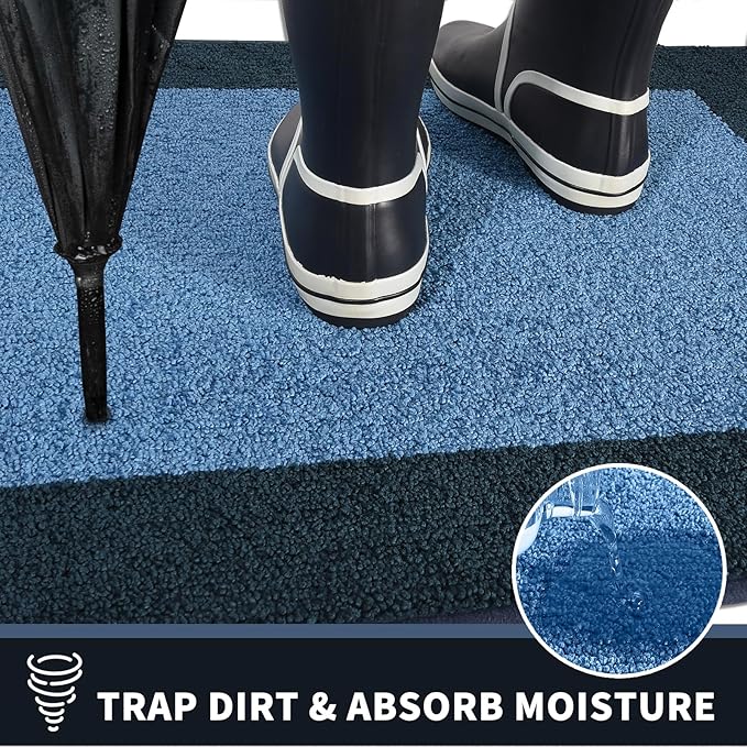 PURRUGS Dirt Trapping Door Mat 24" x 70", Non-Slip Washable Entry Mat, Dog Doormat, Front Door Mat, Super Absorbent Entrance Mat for Muddy Shoes & Paws, Light Blue & Navy