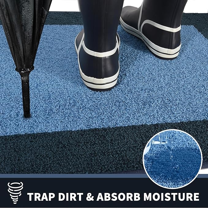 PURRUGS Dirt Trapping Door Mat 32" x 48", Non-Slip Washable Entry Mat, Dog Doormat, Front Door Mat, Super Absorbent Entrance Mat for Muddy Shoes & Paws, Light Blue & Navy