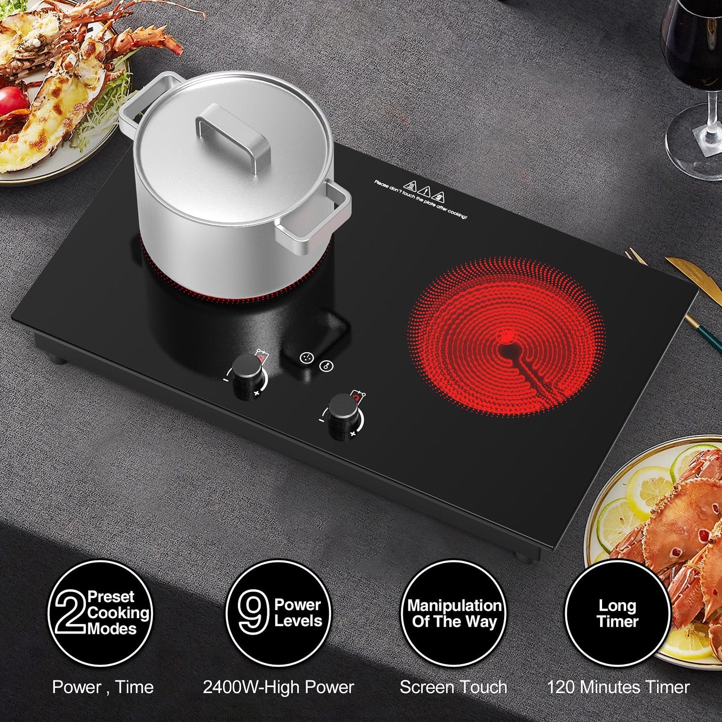 VBGK Electric Cooktop,2400W Electric Stove Top,Countertop and Built-in Hot Plate with Child Safety Lock, Timer, LED touch Knob Control,Overheat Protection,110V 2 Burner Induction Cooktop