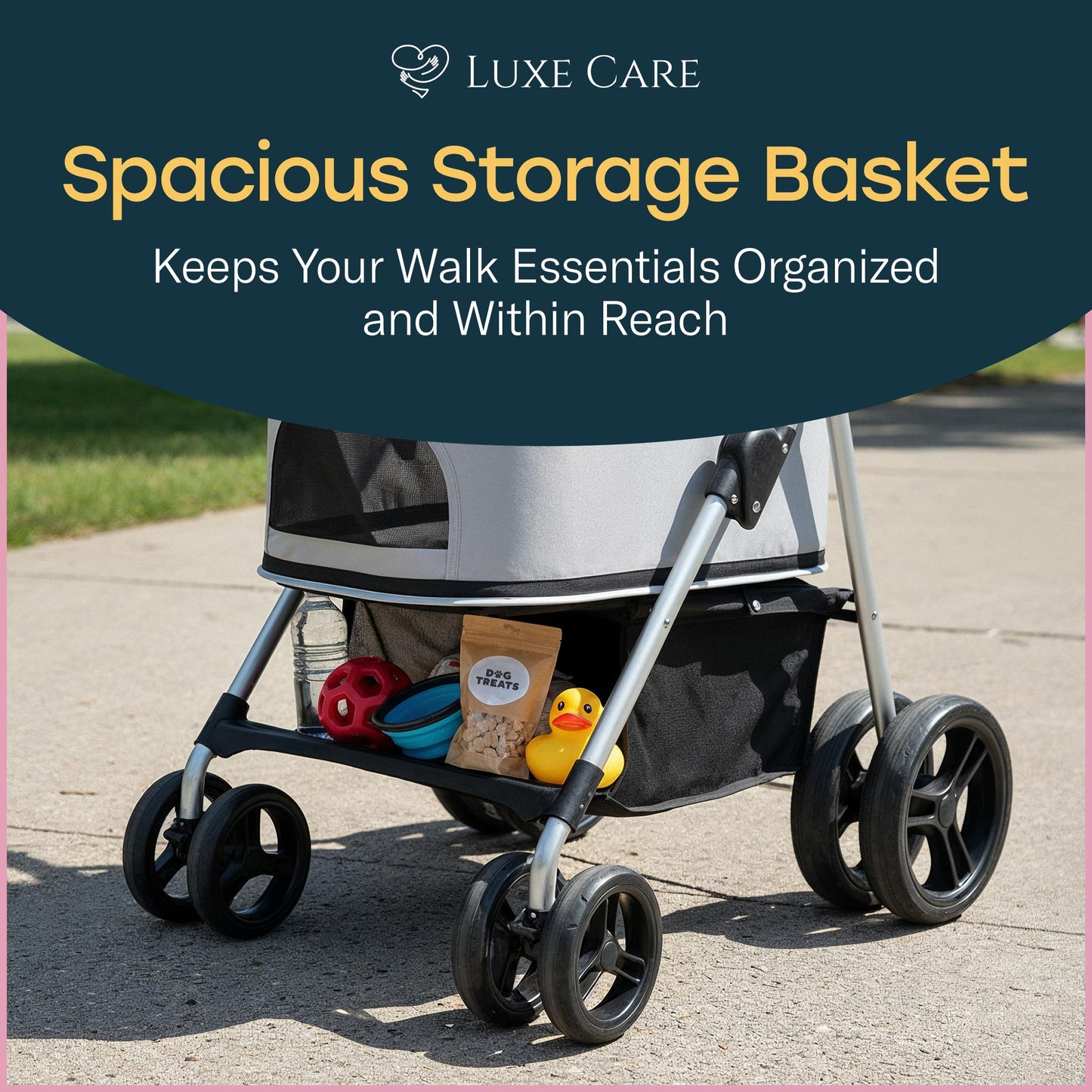 LUXE CARES 4 Wheel Foldable Pet Stroller - Lightweight Dogs and Cats Stroller Upto 50lbs with Mesh Canopy, Storage Basket and Cup Holder, Durable for Walks and Outings (Medium)