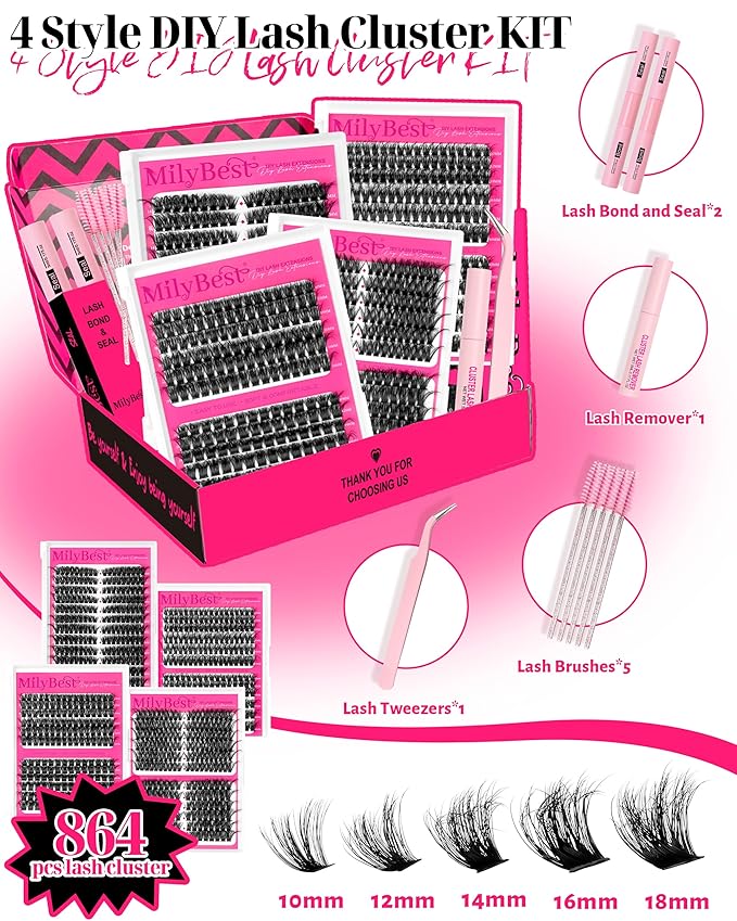 MilyBest 4 Styles Lash Clusters Kit 864Pcs Eyelash Clusters Lash Kit Volume Lashes Clusters D Curl DIY Individual False Eyelashes with 2 Bond&Seal Wispy Bulk Cluster Eyelash Extensions Kit De Pestañas