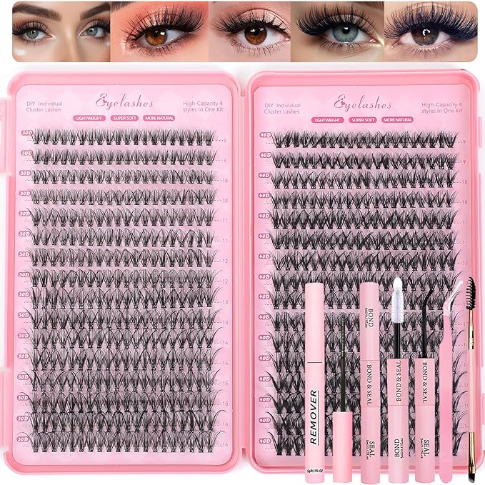 Lash Clusters Kit, 640 Pcs Eyelashes Cluster Extensions Kit 9-16mm Flufffy Individual Lashes 30D-60D D Curl False Eyelashes with Thin Band Match Tools for DIY (30D+40D Kit 9-16mm)