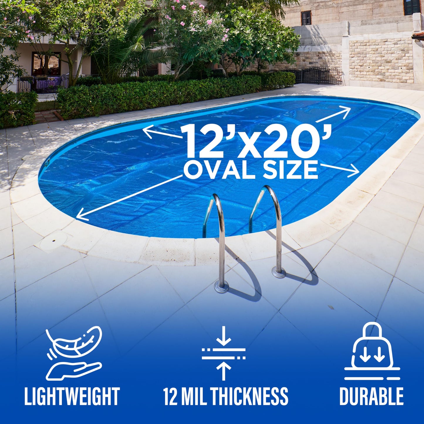 12' x 20' Oval Solar Cover for Inground and Above Ground Pools, 12 Mil - Premium Heavy Duty Solar Blanket for Above Ground Pool, Blue - Made in USA