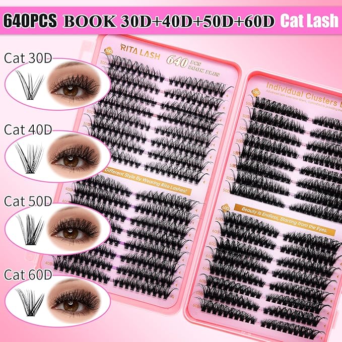Lash Clusters Kit Eyelash Clusters Kit Cat Eye Lashes Large Pack Cluster Eyelash Extensions Lash Extension Kit PestaÃÂ±as Postizas Naturales with Lash Bond&Seal,Remover,Tweezers,Cleanser(Lash Kit-5)