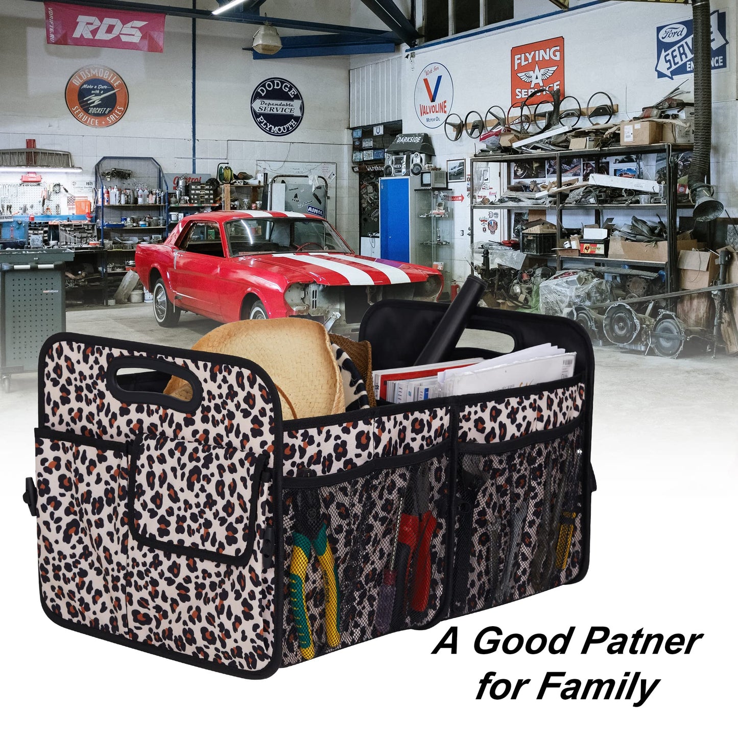 Femuar Car Trunk Organizer, Large Capacity Collapsible Trunk Storage with 11 Pockets, Waterproof, Non-Slip, Suitable for Car, SUV, Truck, Van, Jeep, Sedan, Leopard Print