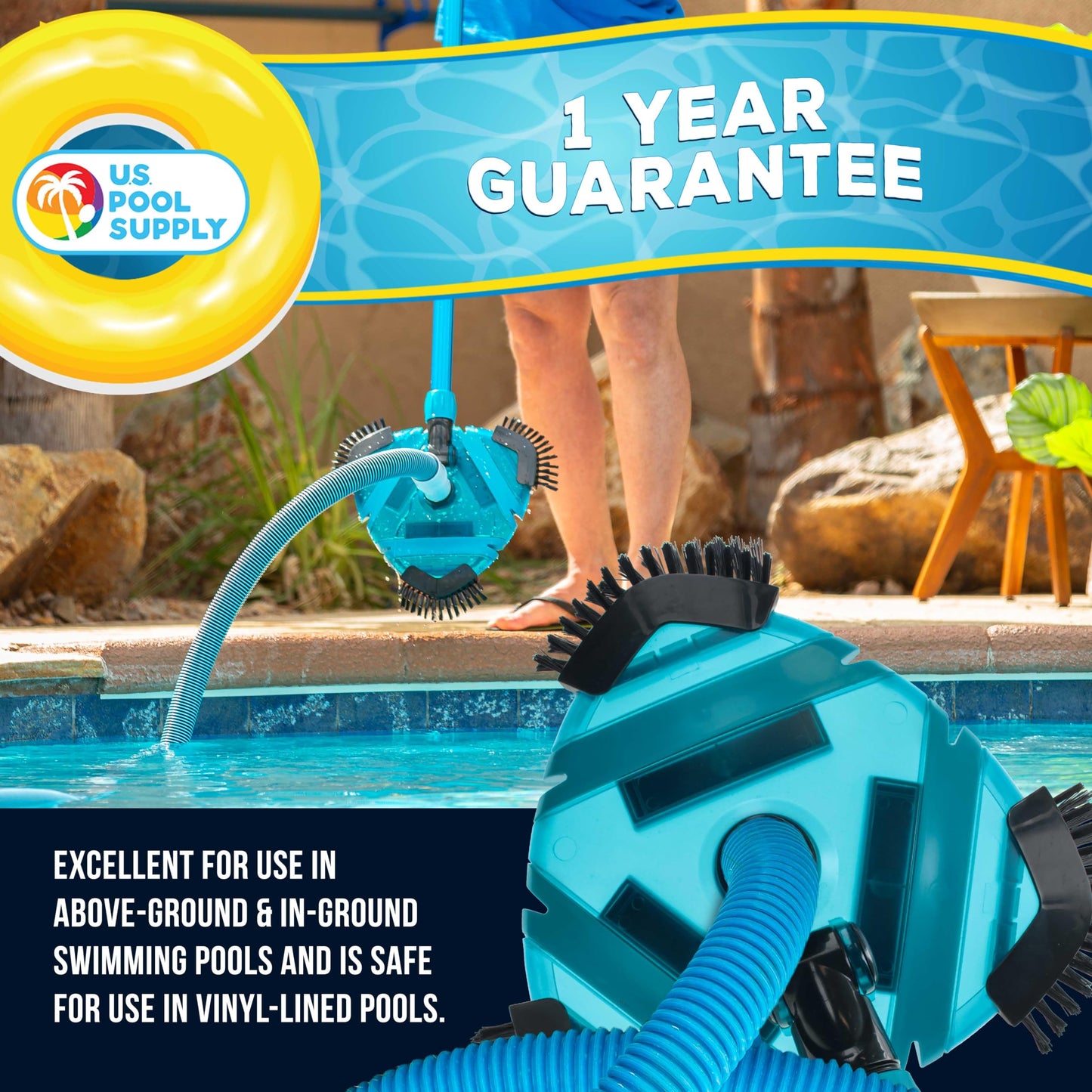 U.S. Pool Supply Professional 13" Triangular Weighted Super Flexible Swimming Pool Vacuum Head with Side Brushes, Swivel Connection - Above-Ground & Inground Swimming Pools, Secure Lock Pole Handle