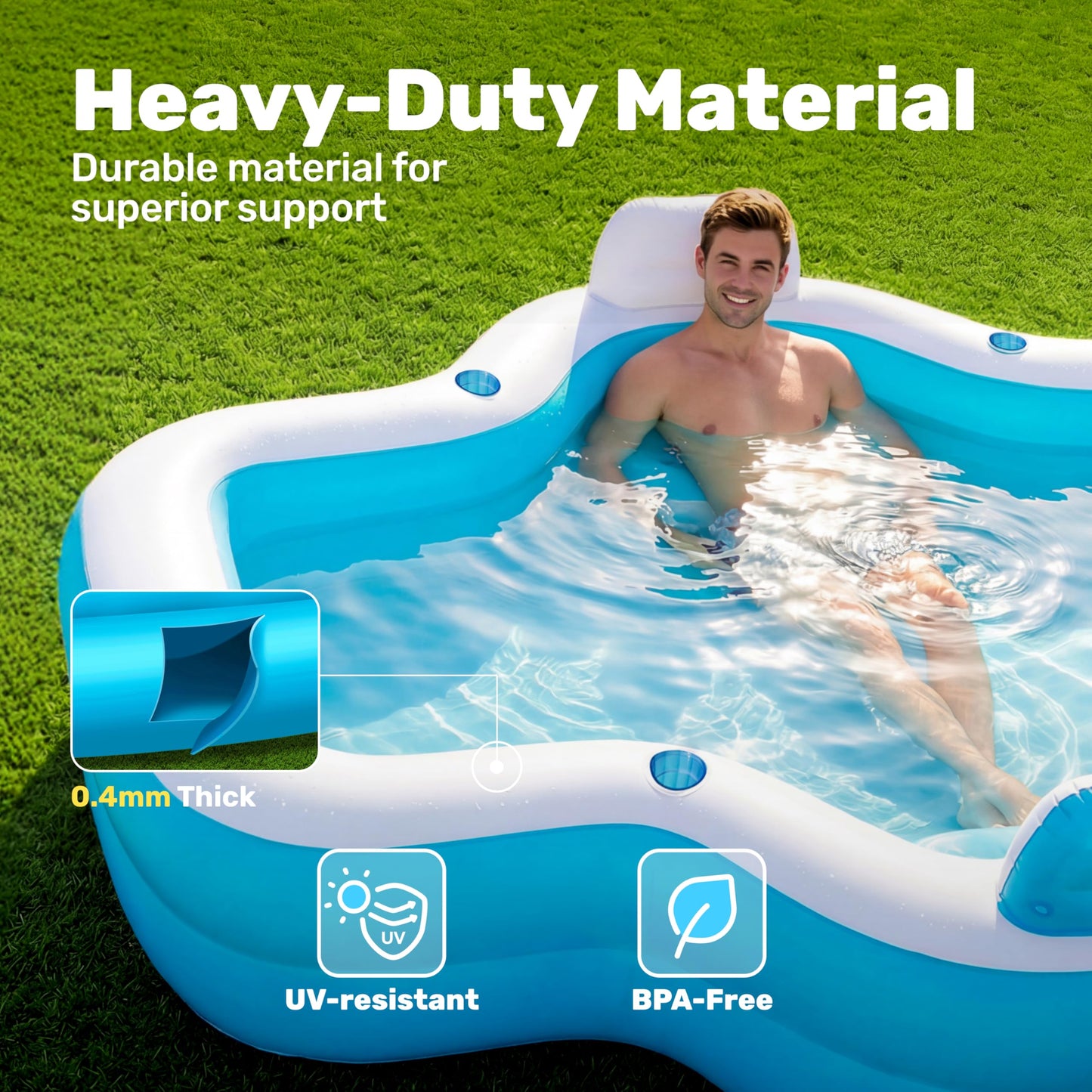 SLOOSH Inflatable Pool for Family with Seats, 120" x 101" x 26" Full-Sized Blow Up Durable Thickened Above Ground Pool with Backrest Cup Holders,Swimming Pools for Backyard Summer Water Lawn, Blue