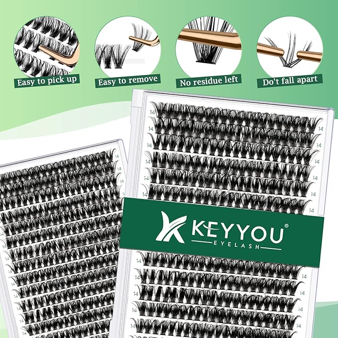 KEYYOU Lash Clusters 300pcs Individual Lashes 50D 0.07D Curl 14mm DIY Eyelash Extension Large Tray Volume Soft&Natural Cluster Lashes(50D-0.07D,14Ã¯Â¼Â