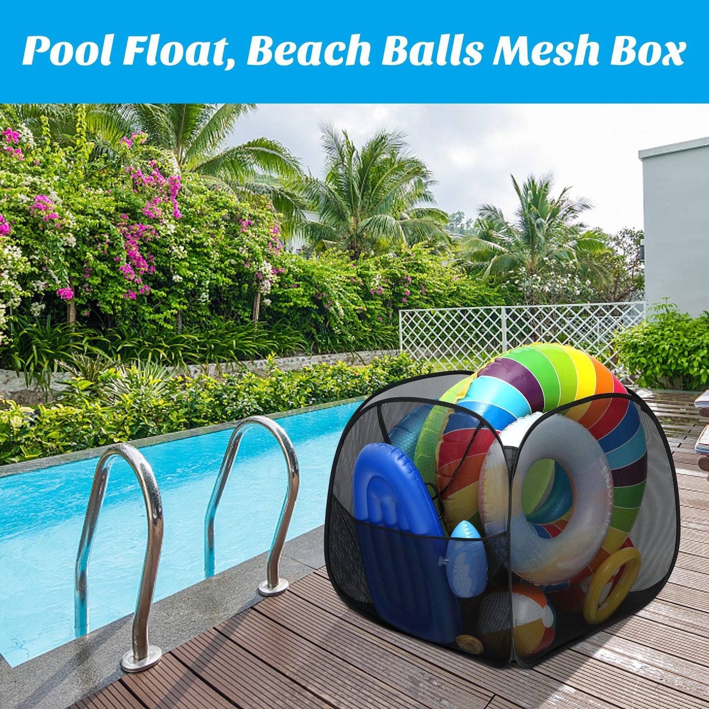 Adnee Pool Toy Storage Bin-30'' x 30'' x 30'' Nylon Mesh Pool Organizer with Side Pocket-105 Gallon Quick Drying Pool Storage for Float, Beach Balls,Towel and Other Swimming Accessories