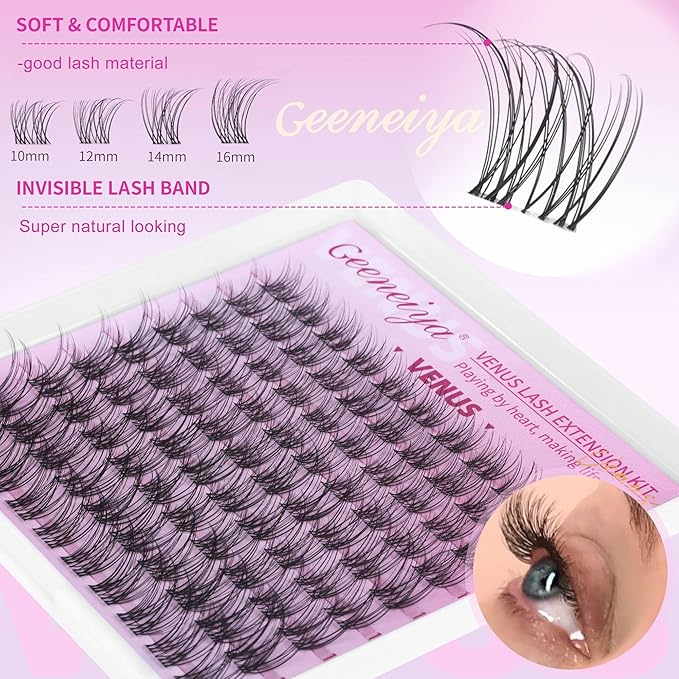 Geeneiya VENUS Lash Clusters, 10-16MM Invisible Natural Eyelash Clusters, Wispy Clear Band Cluster Lashes for Beginners, Waterproof Cluster Eyelash Extensions DIY Lashes (Not Kit)