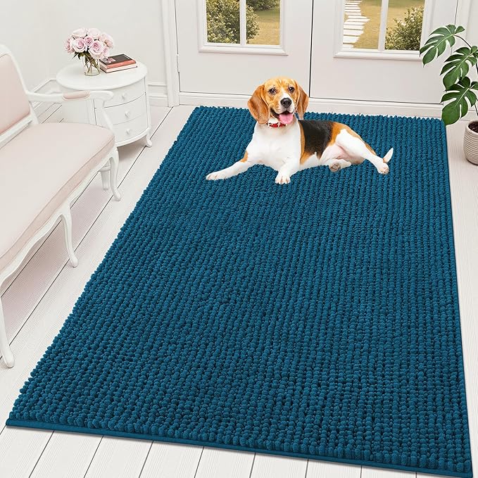 OLANLY Dog Door Mat for Muddy Paws 59x35, Ultra Absorbent Chenille Mud Doormat, Non-Slip Washable and Dirt Trapping Doormat for Indoor Entryway, Quick-Dry Indoor Pet Bed Mats for Dogs, Atlantic Blue