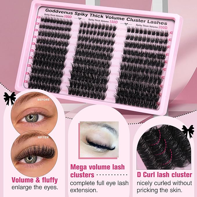 Goddvenus Fluffy Lash Clusters 100-150-200D Volume Eyelash Clusters 10-16mm Wispy Individual Lashes D Curl Cluster Eyelash Extensions 300pcs DIY Lash Extensions(D Curl 300pcs)