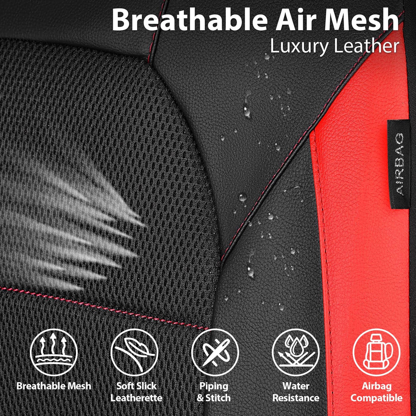 CAR PASS Leather Car Seat Covers Front Seats Only, with Air Mesh Front Seat Covers Breathable, Cool Automotive Seat Covers 2 Pack, Universal Fit Most Cars,SUV,Truck,Van Airbag Compatible(Black & Red)