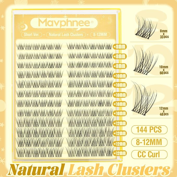 Short Lash Clusters Natural Cluster Eyelash Extensions 8-10-12MM Clear Band Cluster Lashes Extensions Wispy Individual Lashes CC-Curly Eyelash Clusters PestaÃÂ±as Postizas Naturales 144Pcs DIY Lashes