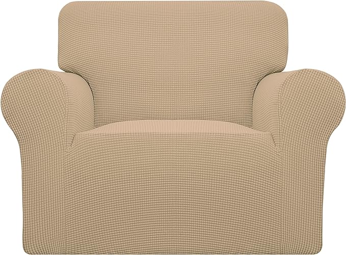 Easy-Going Stretch Chair Sofa Slipcover 1-Piece Couch Sofa Cover Furniture Protector Soft with Elastic Bottom for Kids, Pet. Spandex Jacquard Fabric Small Checks (Chair, Sand)