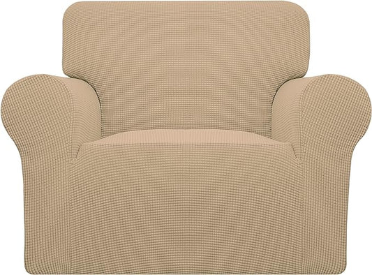 Easy-Going Stretch Chair Sofa Slipcover 1-Piece Couch Sofa Cover Furniture Protector Soft with Elastic Bottom for Kids, Pet. Spandex Jacquard Fabric Small Checks (Chair, Sand)