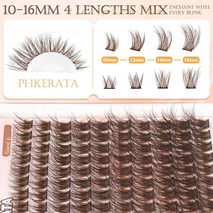 PHKERATA Brown Lash Clusters Wispy Brown Eyelash Clusters Wispy Lashes Clusters Natural C Curvature Cluster Eyelash Extensions 110 Pcs Individual Lashes DIY Cluster Lashes, 10-16 mm