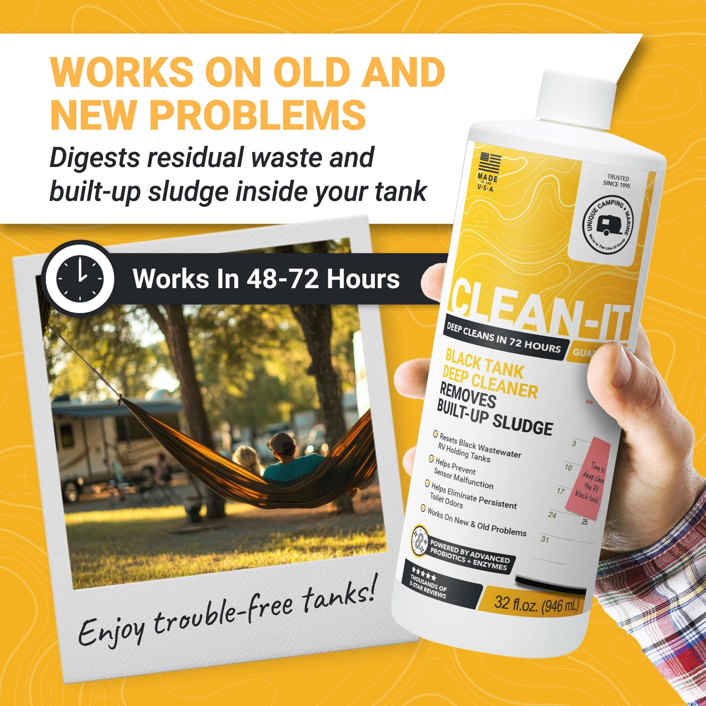 Unique Clean-It RV Black Tank Cleaner Liquid - Effectively Resets Dirty RV Black Tanks - Eliminates Odors and Waste (32 oz) Amazon Exclusive Packaging