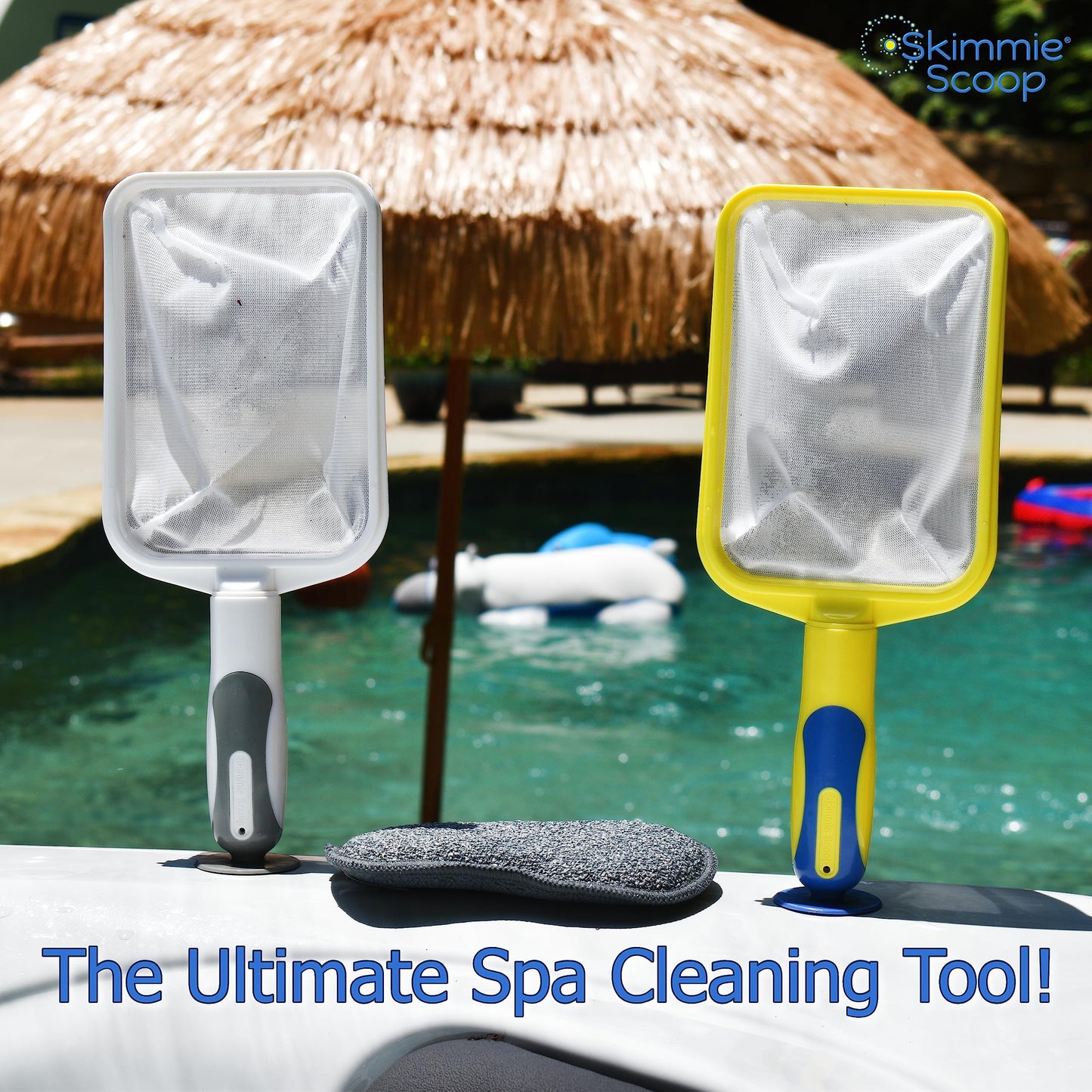 The Skimmie Scoop - Patented Handheld Skimmer with Fine Mesh Net for Spa, Hot Tub, Cold Plunge and Small Pool Cleaning - Lightweight and Durable with Powerful Suction Cup - Clean Out Filter (White)