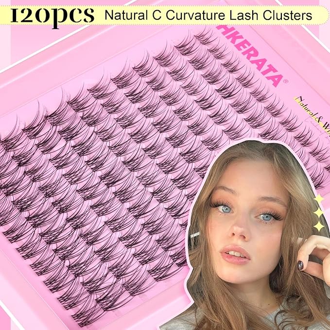 PHKERATA Natural Lash Clusters Invisible Band Eyelash Clusters Wispy Lashes Clusters 120 pcs C Curvature Cluster Eyelash Extensions DIY Thin Clear Band Individual Lashes at Home, 8-16mm