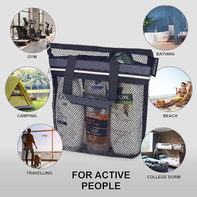 DV Lifestyle Mesh Shower Bag 10.2x9.9'' Quick-Dry Caddy with Zipper & 2 Pockets. Portable Toiletry Tote for Bathroom, Gym, Travel, Camp, Beach, for Sunscreen, Dorm & College Essentials (Black)