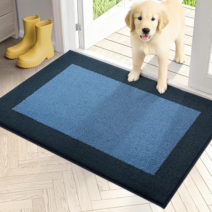 PURRUGS Dirt Trapping Door Mat 24" x 36", Non-Slip Washable Entry Mat, Dog Doormat, Front Door Mat, Super Absorbent Entrance Mat for Muddy Shoes & Paws, Light Blue & Navy