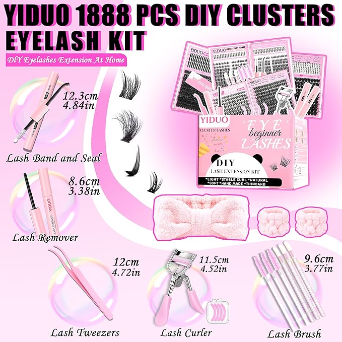 YIDUO 8 Styles Mix Lashes Clusters Kit 4 Box Cluster Lash Book Kit with Bond&Seal 1888Pcs 100D/200D/300D Volume Manga Eyelash Extension with Spikys/Bottom lash Kit for Beginners DIY at Home Easily