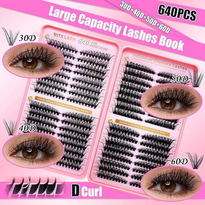 Lash Clusters Kit Eyelash Clusters Kit 3D Effect Cluster Eyelash Extensions Large Pack Cat Eye Lashes Clusters Lash Extension Kit PestaÃÂ±as Postizas Naturales+Lash Bond&Seal,Remover,Tools(Lash Kit-9)