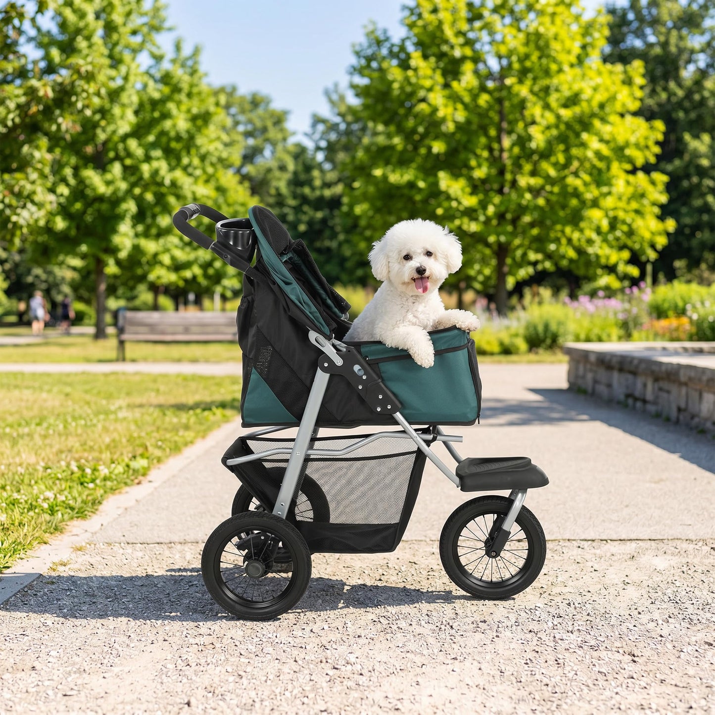 PawHut Dog Stroller for Small Dogs, 3 Wheel Foldable Pet Stroller with 12" Rubber Wheels, Mesh Window, One-Foot Brake, Storage Basket and Cup Holder, Up to 22 LBS, Dark Green