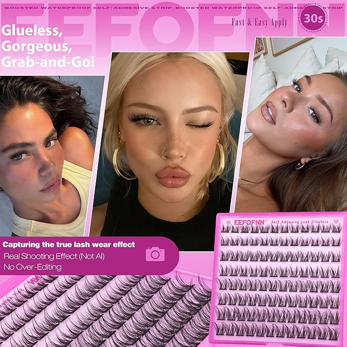 EEFOFNN Self Adhesive Eyelashes Natural Self Adhesive Lash Clusters Wispy Press on Lashes 10-16mm Pre Glued Eyelash Clusters Glueless Individual Lashes No Glue Cluster Eyelash Extensions (No Tweezers)