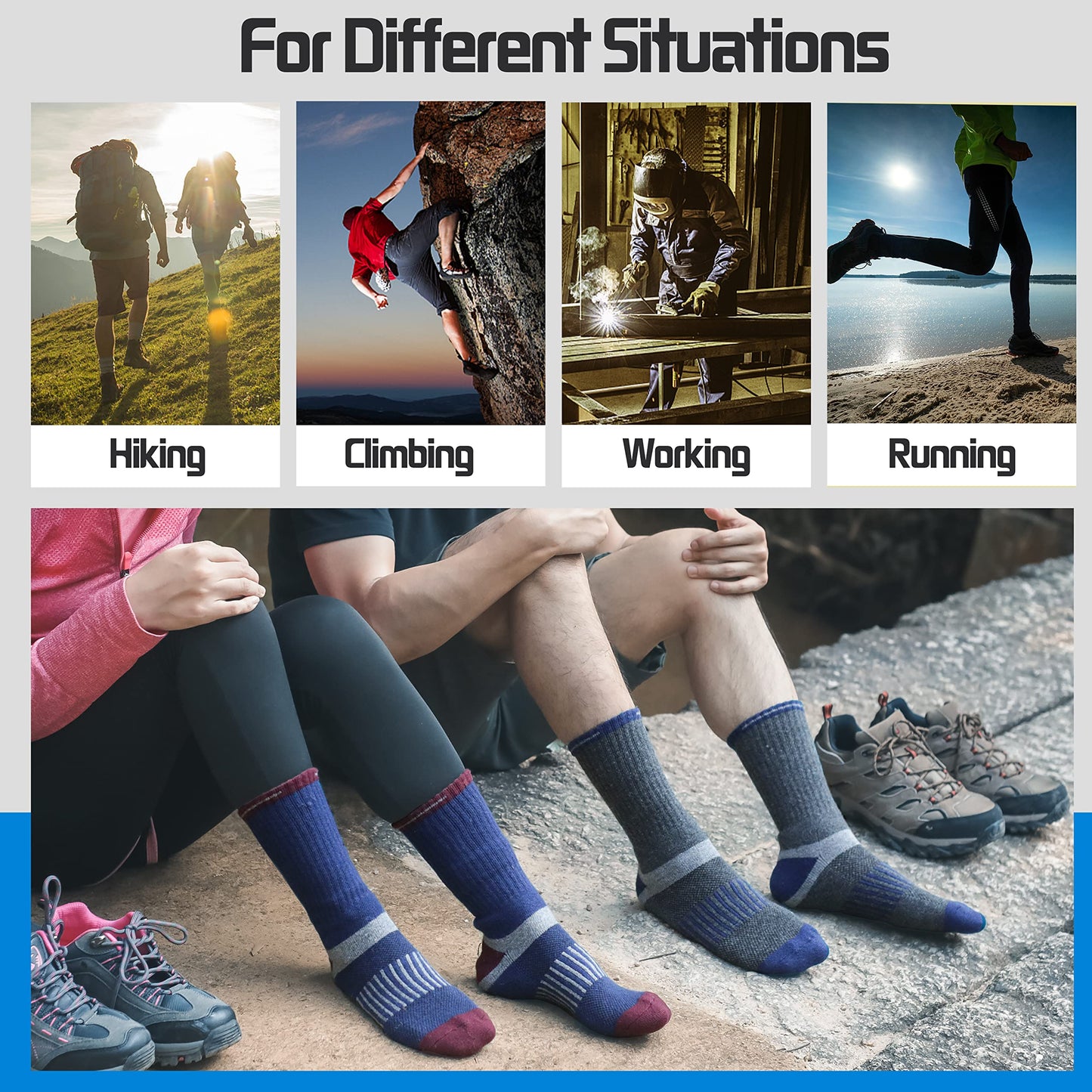 Merino Wool Hiking Socks for Men Warm Thermal Winter Cozy Work Crew Socks Gifts Stocking Stuffers 5 Pairs (Dark Pinstripes A,L)