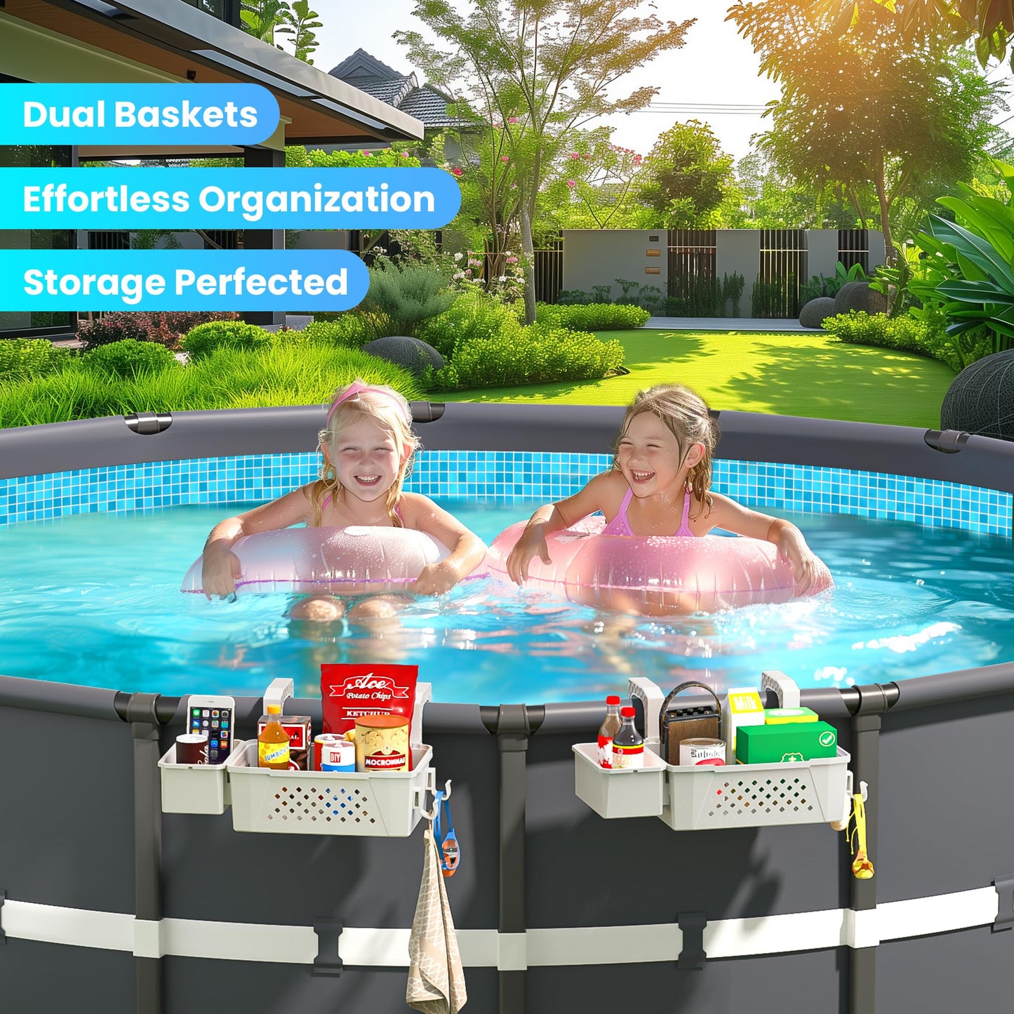 AquaJoyer 2 Sets of Poolside Storage Baskets with Cup Holders - Perfect for 3-Inch or Smaller Top Rails - Above Ground Pool Accessories - Fit for Most Above Ground Pool（Grey）