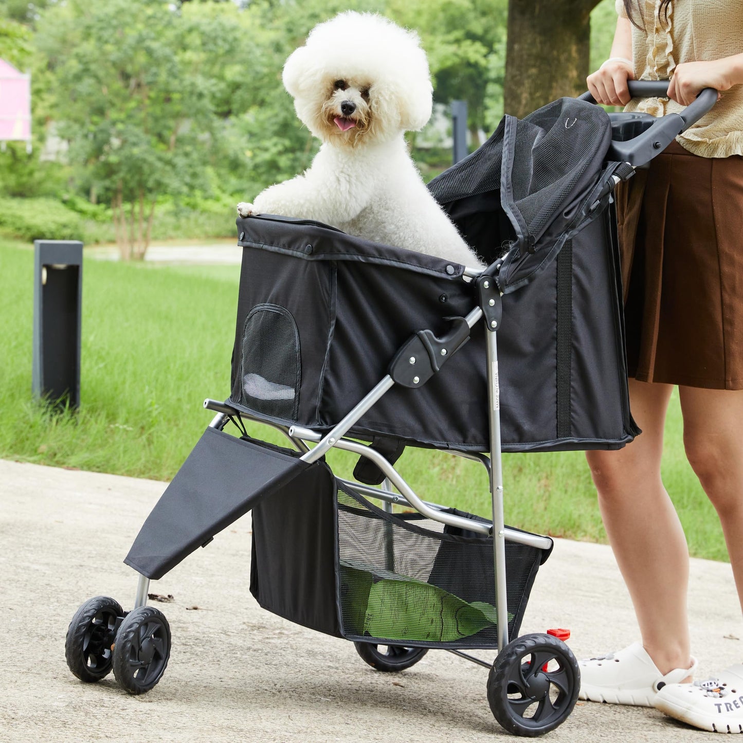 NEWBULIG Pet Stroller for Dogs, Cats Stroller with 3 Wheel, Foldable, Lightweight and Durable, Ideal for Small to Medium Pets, Includes Storage Basket and Cup Holders, Black