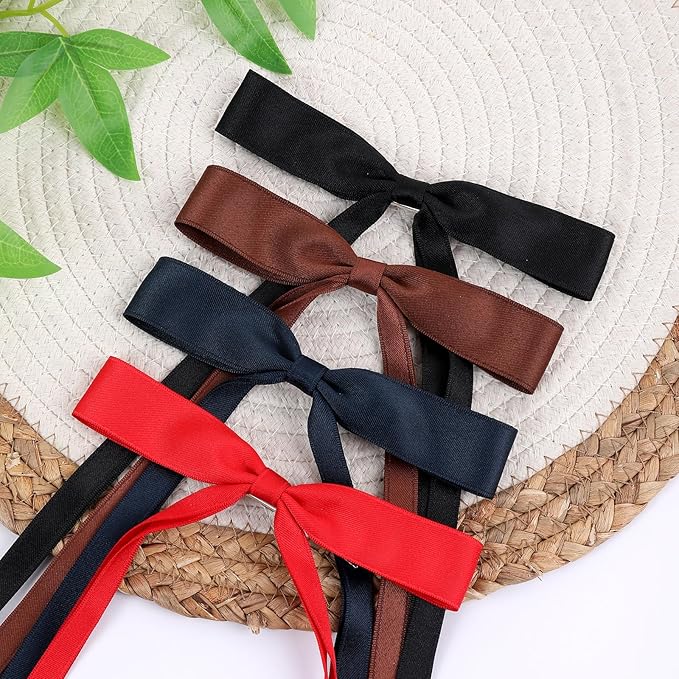 Hair Bows Clips Coquette Ribbon Bowknot with Long Tail Princess Hair Bows French Barrettes Hair Accessories for Women Girls 16PCS (Red, Brown, Dark Blue, Black)