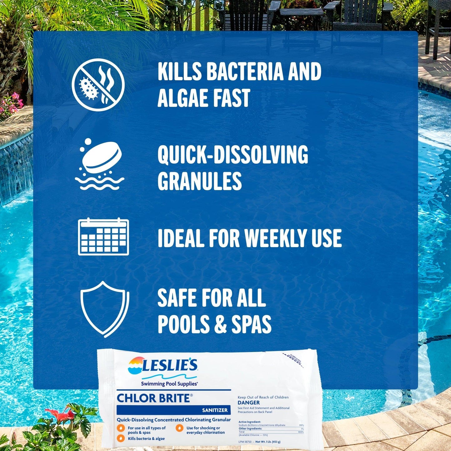 Leslie's Chlor Brite Pool Shock for Swimming Pools, Spas, and Hot Tubs - Granular Stabilized Sodium Dichlor Sanitizer - 12 x 1 Pound Bags LPM 18750