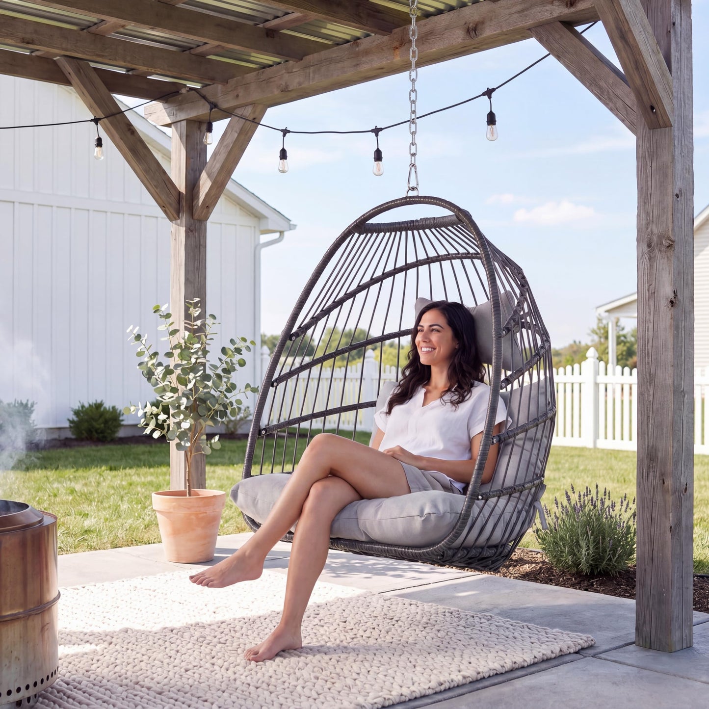 NICESOUL Comfy Egg Chair without Stand Indoor Outdoor, Patio Wicker Hanging Swing Egg Shell Chairs No Stand, 350lbs Capacity Sturdy Swing Hammock Basket Seating with Cushions for Bedroom Balcony, Gray