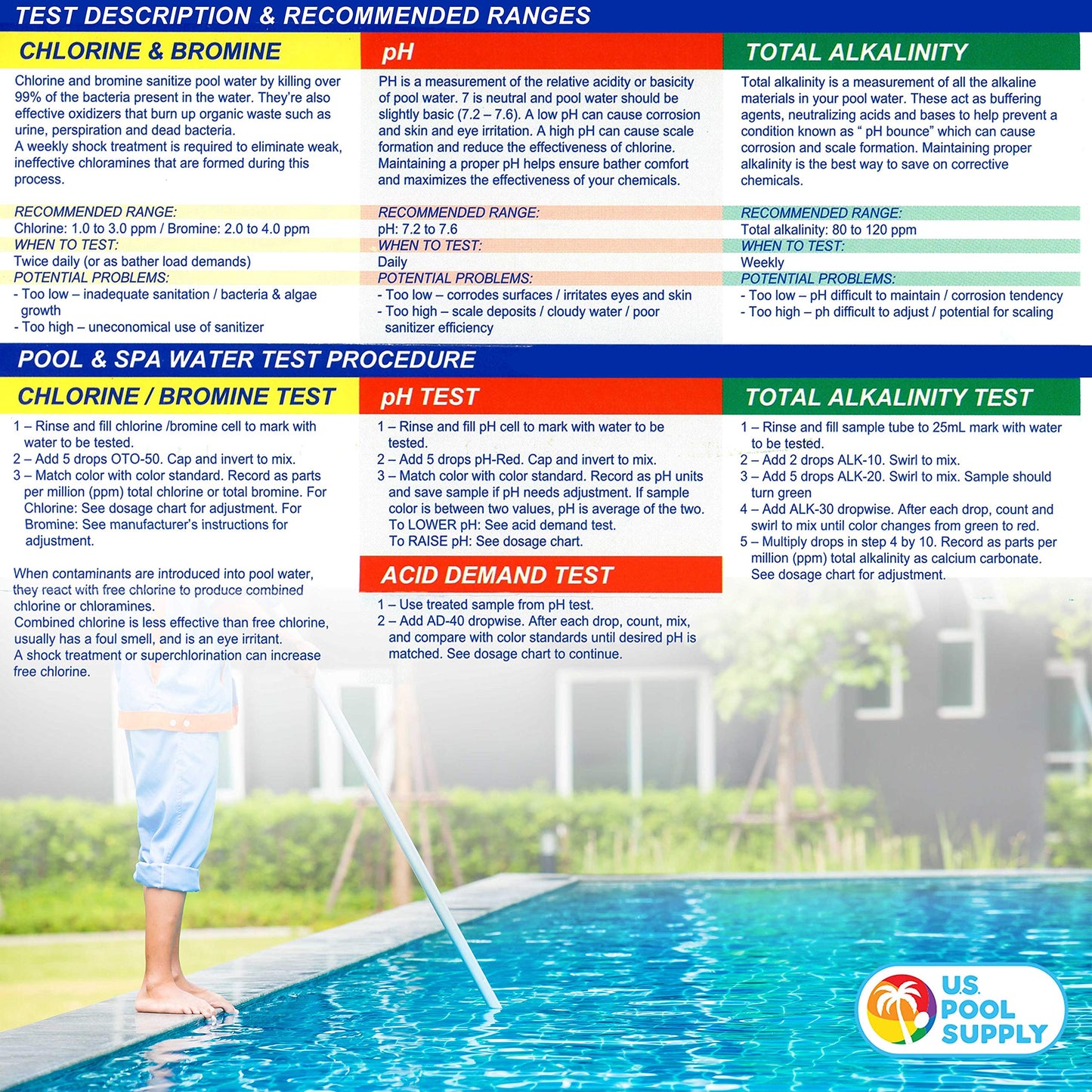 U.S. Pool Supply 5-in-1 Pool Test Kit - Pool Water Testing Kit, Accurate Chemical Test for pH, Chlorine, Bromine, Alkalinity, Acid Demand - Residential Home Swimming Inground Above Ground, Hot Tub Spa