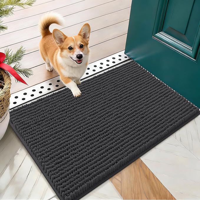 OLANLY Dog Door Mat for Muddy Paws 24x16, Ultra Absorbent Chenille Mud Doormat, Non-Slip Washable and Dirt Trapping Doormat for Indoor Entryway, Quick-Dry Indoor Pet Bed Mats for Dogs, Dark Grey