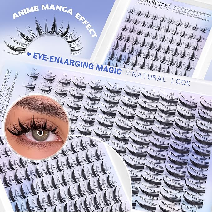 Pawotence Manga Lash Clusters Kit Eyelash Clusters 8-18mm Lash Extension Kit Fairy Individual Lashes Cluster Wispy Lashes Cluster Invisible Band Cluster Eyelash Extensions Kit for Beginners