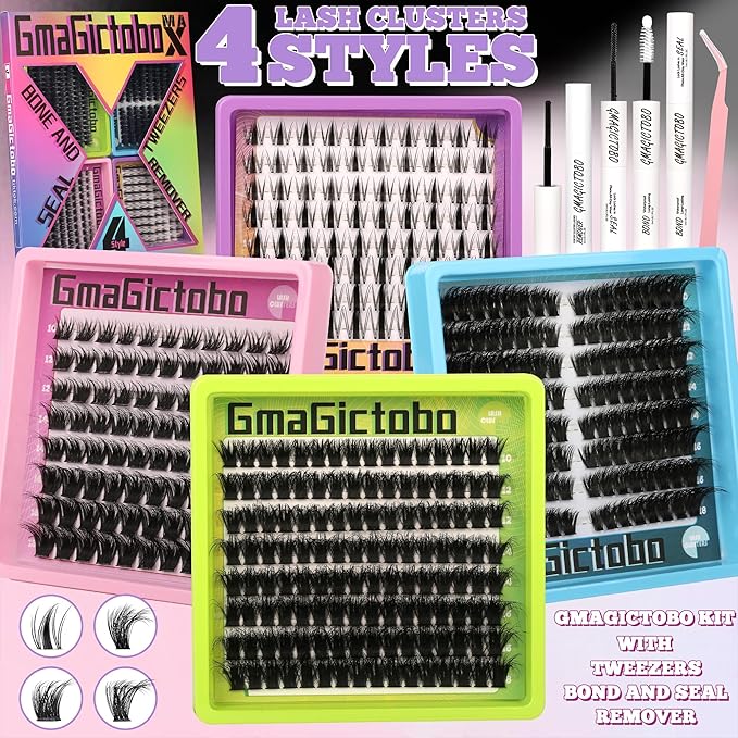 Lash Clusters Kit Natural Wispy Lash Clusters C/D Curl 424Pcs Volume Individual Lashes Clusters Manga Lashes Cat Eye Lashes Pack Lash Bond and Seal Lash Remover Lash Tweezers