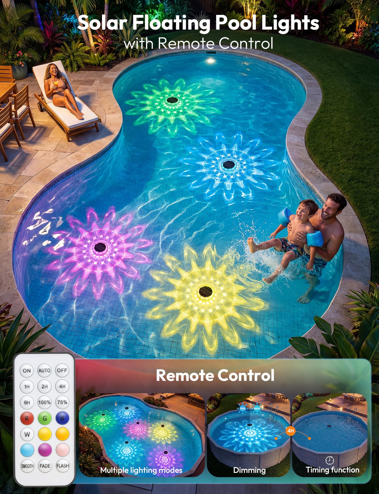 NIORSUN Floating Solar Pool Lights, 5.8 Inch IP68 Waterproof Pool Lights with Remote, 9 RGB Color LED Pool Solar Lights with Timer Auto On/Off, Pool Lights for Inground Above Ground Pools Hot Tub Spa