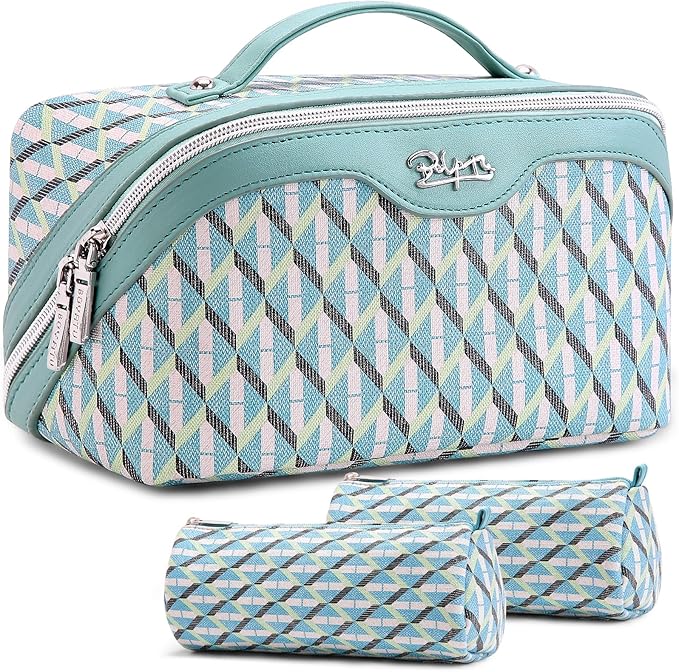 BOYATU Travel Makeup Bags for Women: Large Capacity Cosmetic Bag Set of 3 - Vegan Leather Make up Bags with Compartments - Wide Open Waterproof Toiletry Organizer Bag with Handle (P-02-Blue)