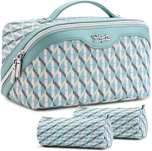 BOYATU Travel Makeup Bags for Women: Large Capacity Cosmetic Bag Set of 3 - Vegan Leather Make up Bags with Compartments - Wide Open Waterproof Toiletry Organizer Bag with Handle (P-02-Blue)