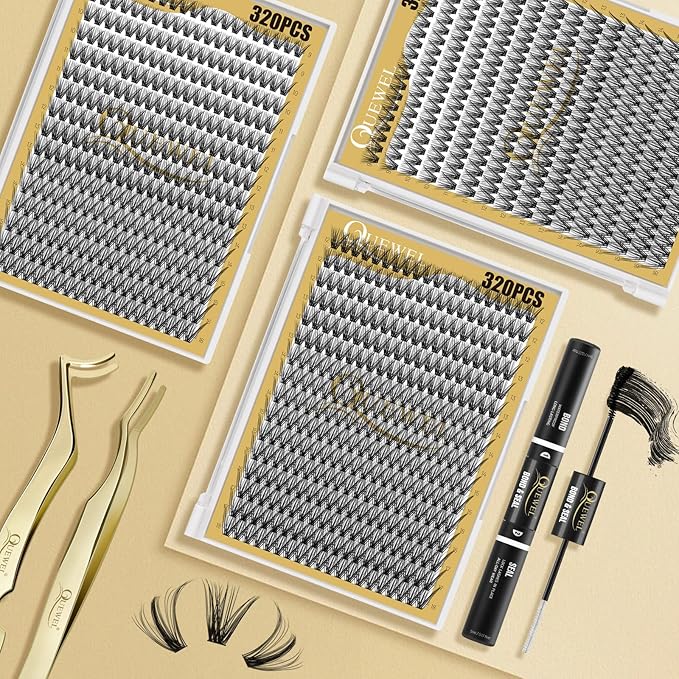 QUEWEL Lash Clusters 320Pcs Cluster Lashes 40D D Curl Lash Cluster Eyelash Extensions Mix9-16mm Individual Eyelashes Clusters Wispy Lash Clusters Thin Band Soft to Use at Home(40D D Mix9-16)